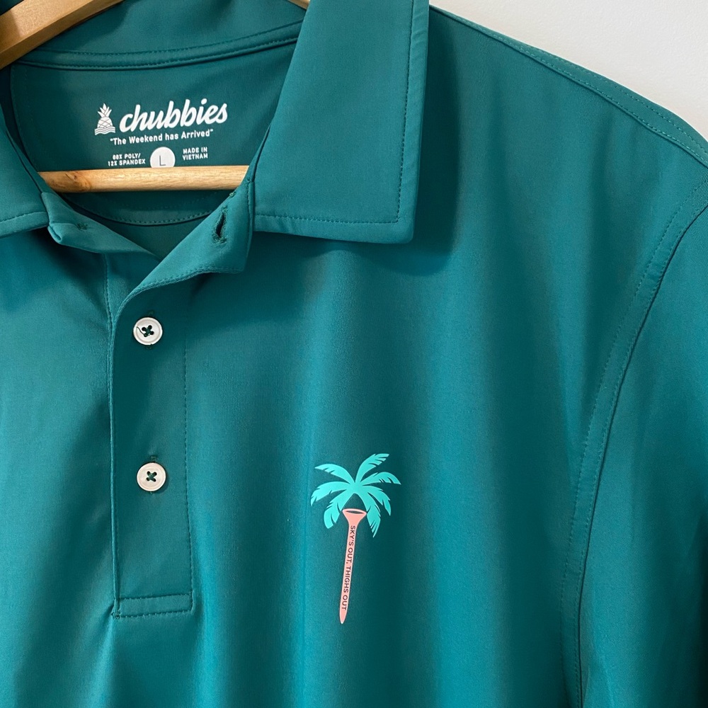 Chubbies Partee Golf Polo Teal Green Palm Tree Tee Sky’s Out Thighs Out Novelty